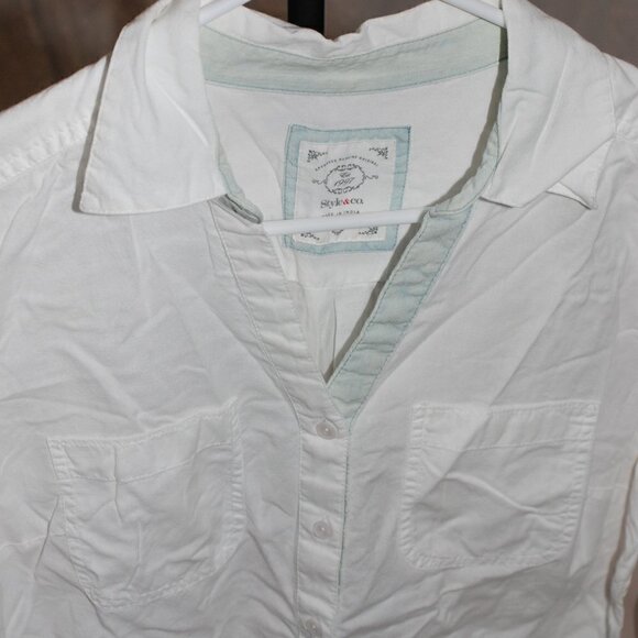 Style & Co. Juniors Small Button Down Collar Two Pocket White Blouse Top Womens - Picture 1 of 5